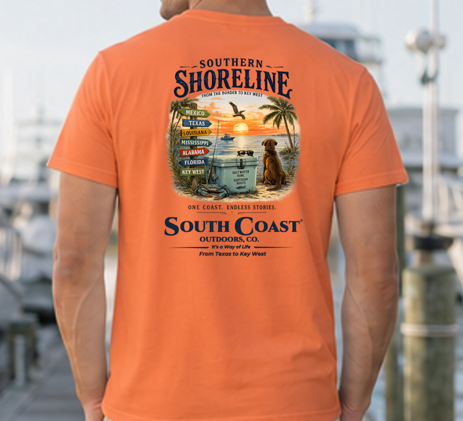 Orange T-shirt with back graphic print and "Southern Shoreline" logo.