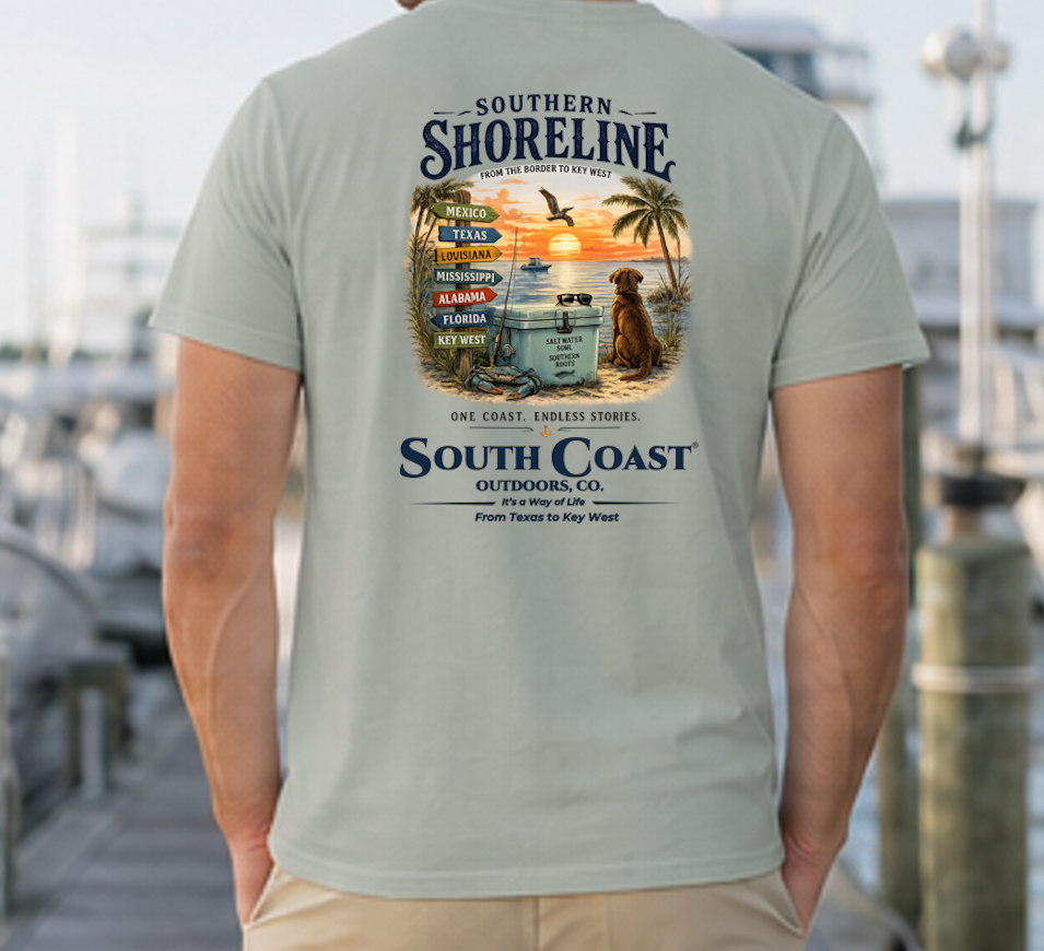 Sage green T-shirt with back graphic print and "Southern Shoreline" logo.