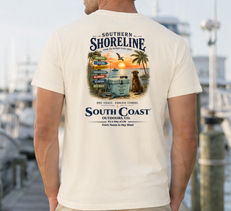 Ivory T-shirt with back graphic print and "Southern Shoreline" logo.