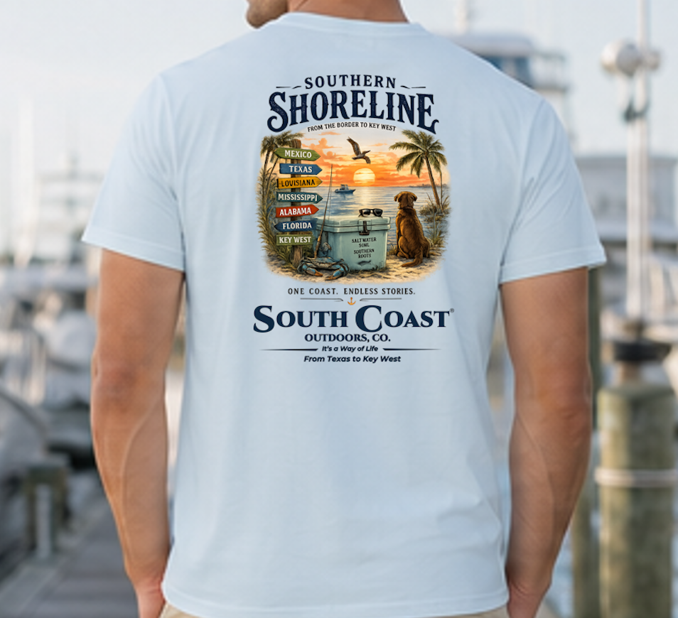 Pale light blue T-shirt with back graphic print and "Southern Shoreline" logo.