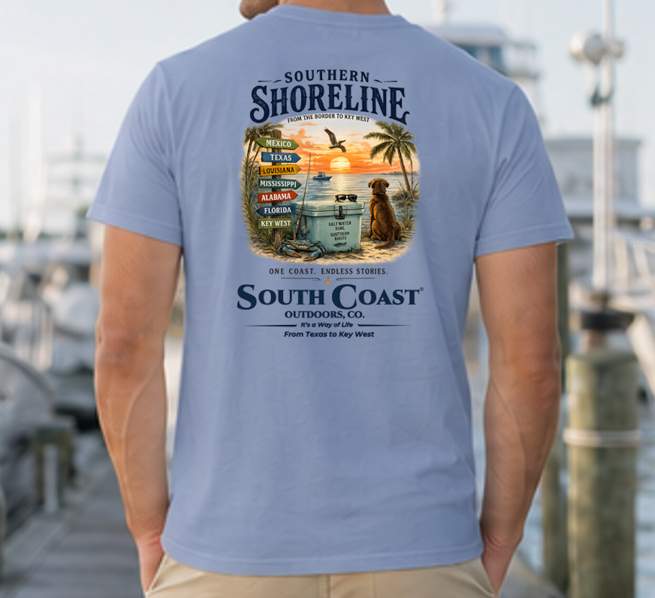 Periwinkle blue T-shirt with back graphic print and "Southern Shoreline" logo.