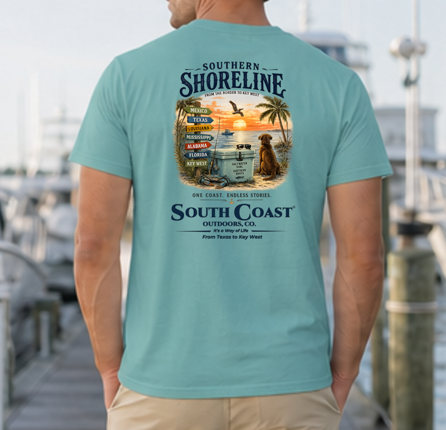 Seafoam green T-shirt with back graphic print and "Southern Shoreline" logo.