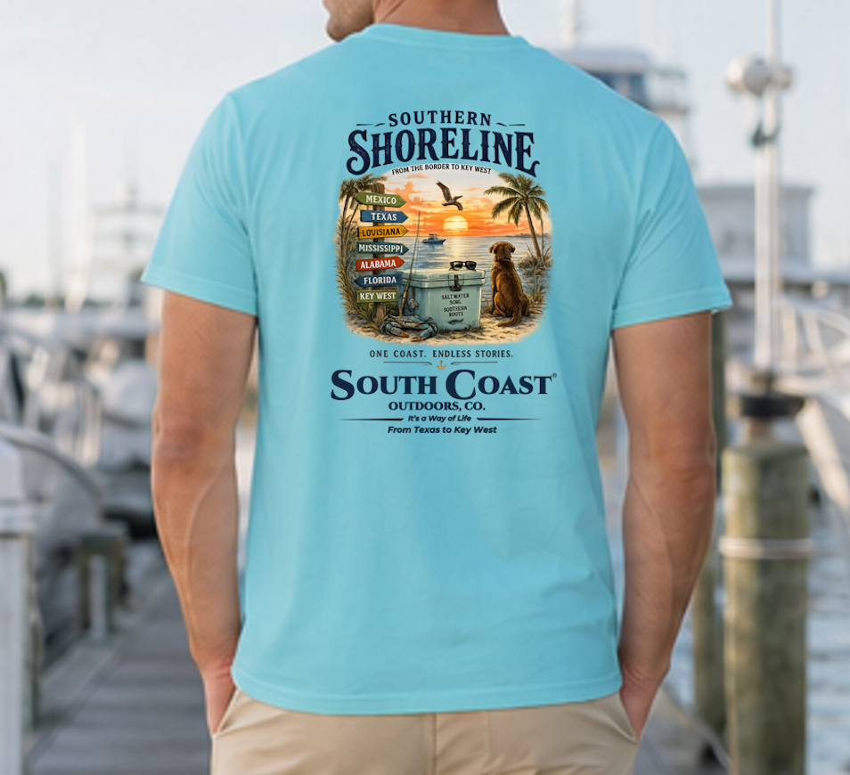 Light teal T-shirt with back graphic print and "Southern Shoreline" logo.
