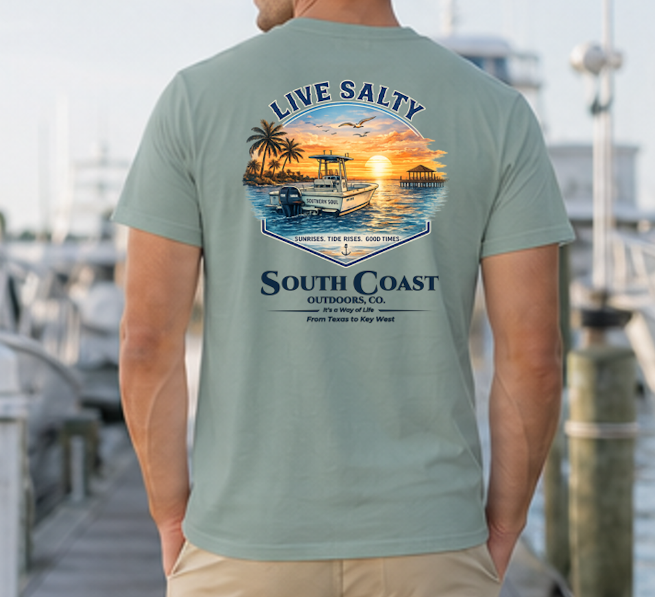 Green graphic t-shirt with sunset boat and palm print, 'Live Salty' text on back