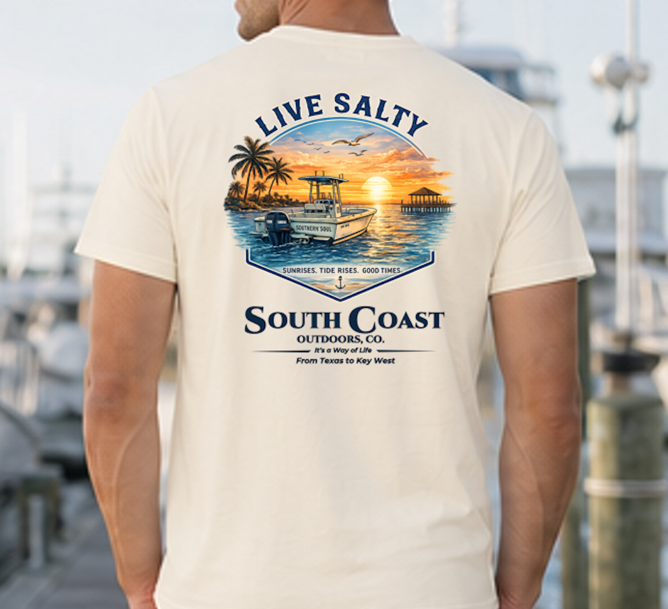 Cream graphic t-shirt with sunset boat and palm print, 'Live Salty' text on back