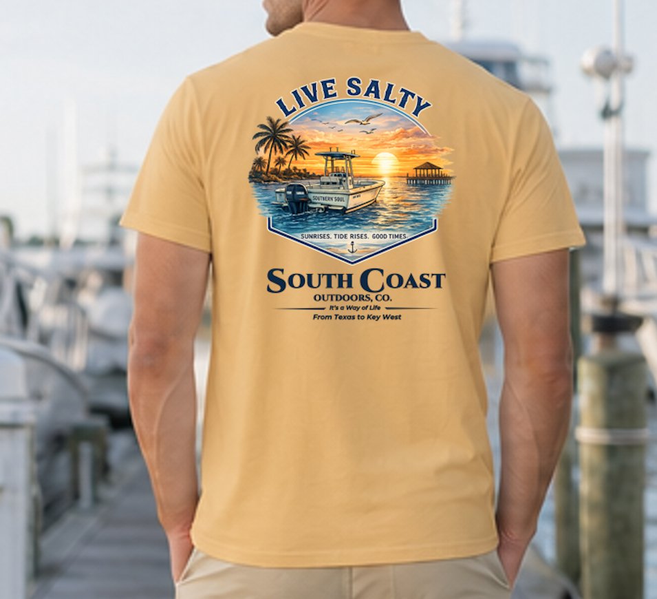 Ivory graphic t-shirt with sunset boat and palm print, 'Live Salty' text on back