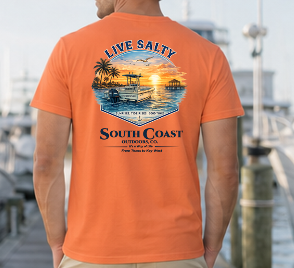 Orange graphic t-shirt with sunset boat and palm print, 'Live Salty' text on back