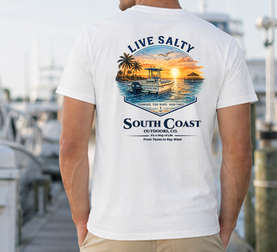 White graphic T-shirt with 'LIVE SALTY' and coastal boat scene on back