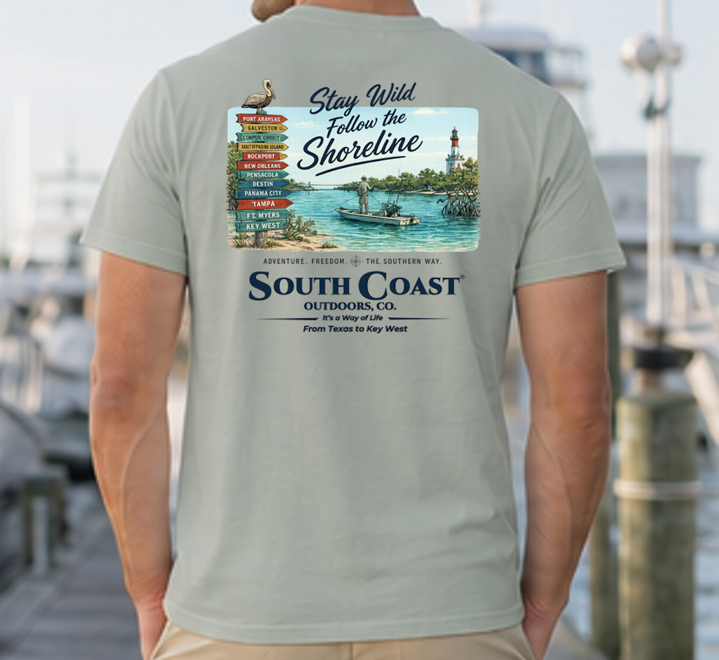 Back view graphic t-shirt, sage green with shoreline and boat print