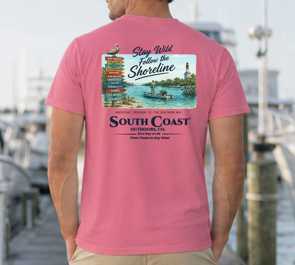 Back view graphic t-shirt, pink with shoreline and boat print