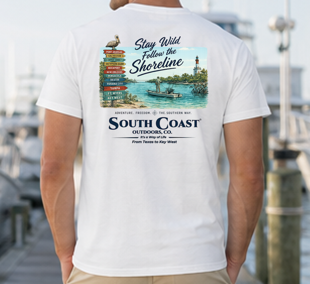 Back view graphic t-shirt, white with shoreline and boat print
