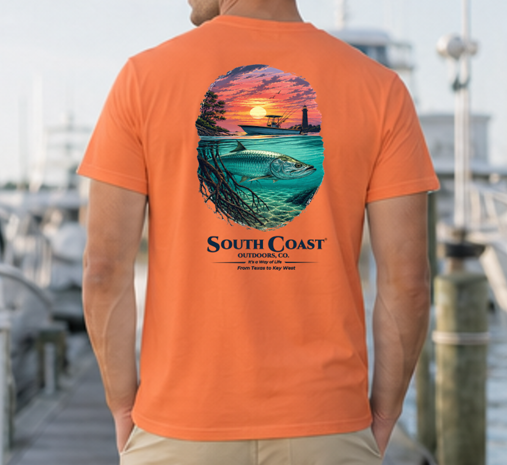 Men's underwater fishing graphic T-shirt, burnt orange, sunset fish print on back