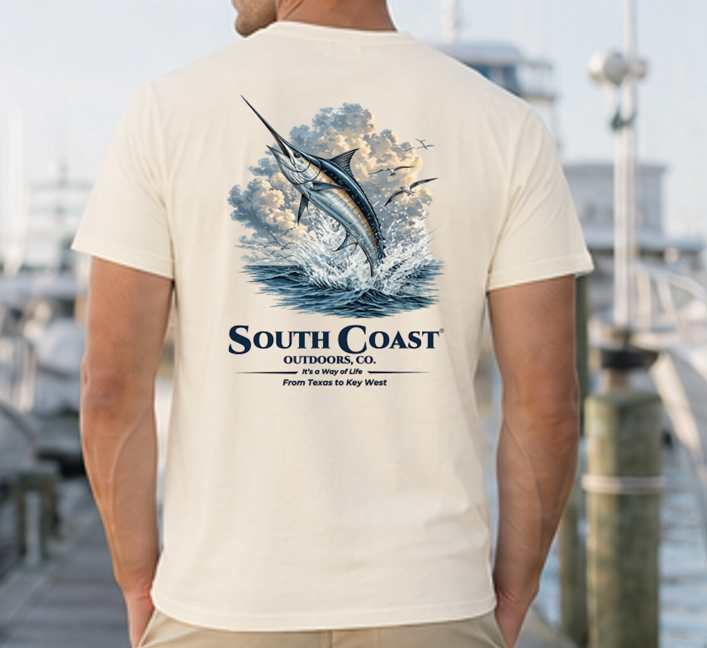 Fishing graphic t-shirt, white with marlin in waves and South Coast Outdoors Co text.