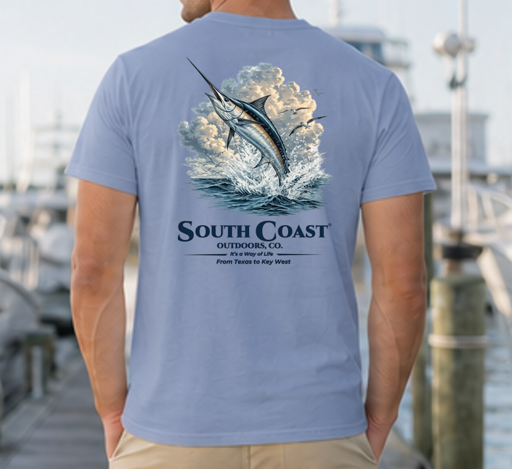 Fishing graphic t-shirt, blue with marlin in waves and South Coast Outdoors Co text.