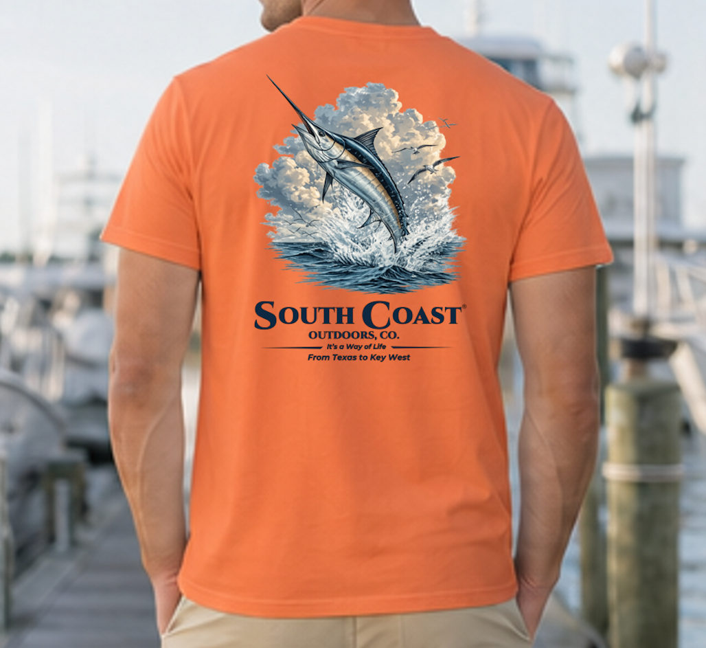 Orange fishing T-shirt with marlin graphic and 'South Coast' text on back