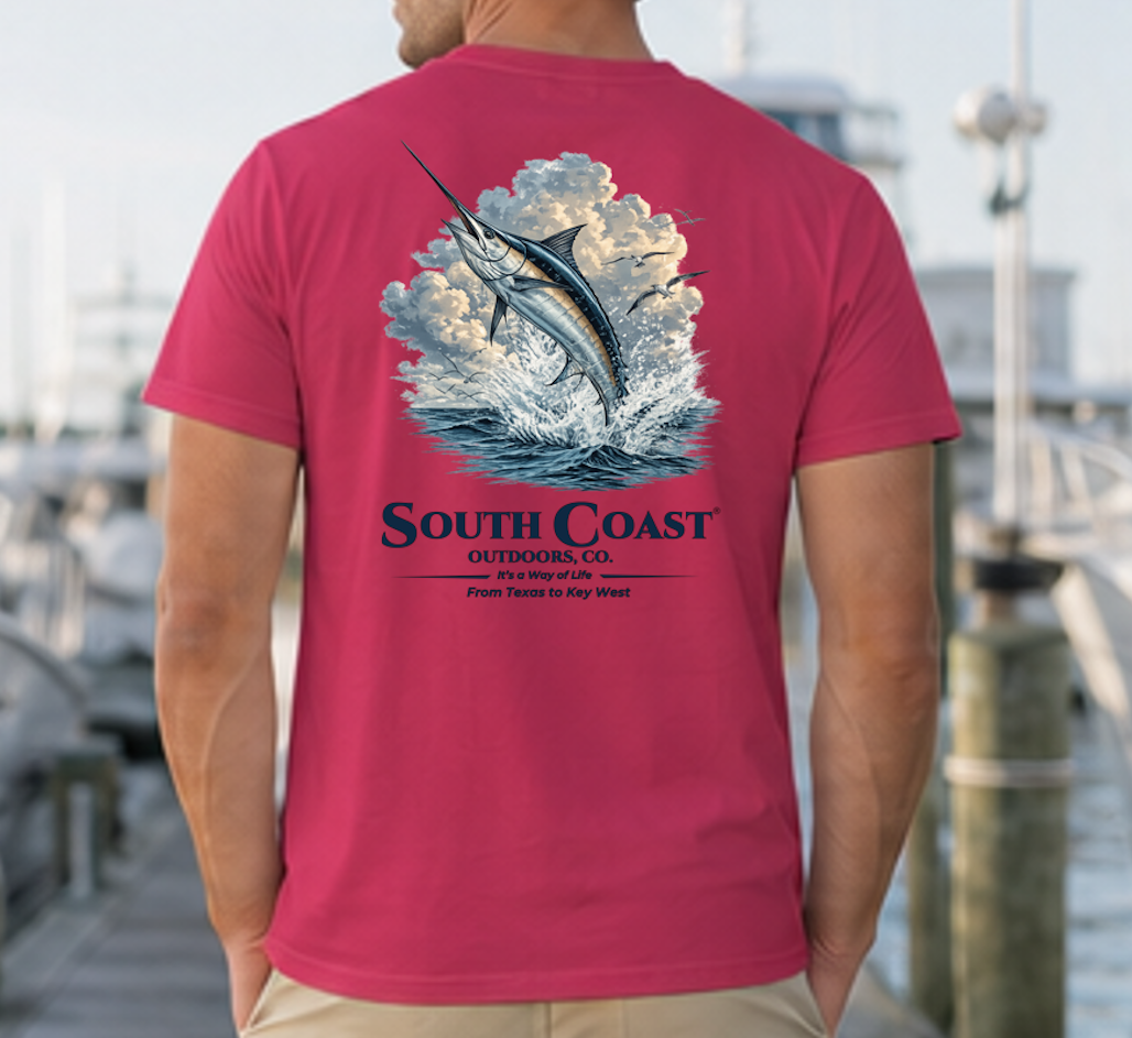 Fishing graphic t-shirt, burgundy with marlin in waves and South Coast Outdoors Co text.
