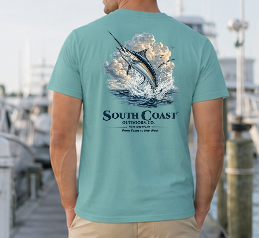 Fishing graphic t-shirt, teal with marlin in waves and South Coast Outdoors Co text.