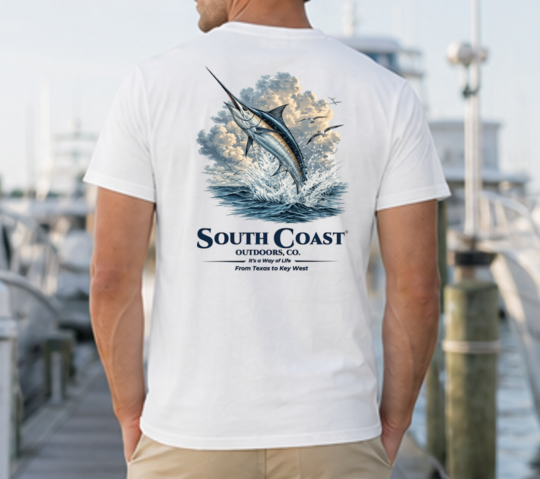 Fishing graphic t-shirt, white with marlin in waves and South Coast Outdoors Co text.